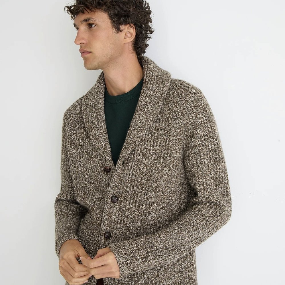 NWT J Crew Rugged Merino Wool Heavyweight Cowl Neck Shawl Cardigan Sweater Beige - Picture 2 of 5